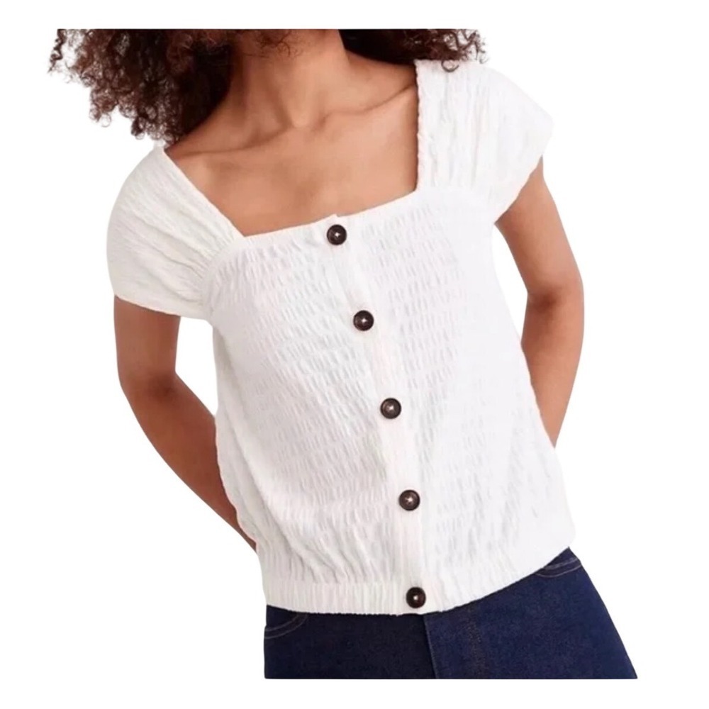 Madewell White Smocked Button Front Cap Sleeve Top Square Neck Small NEW